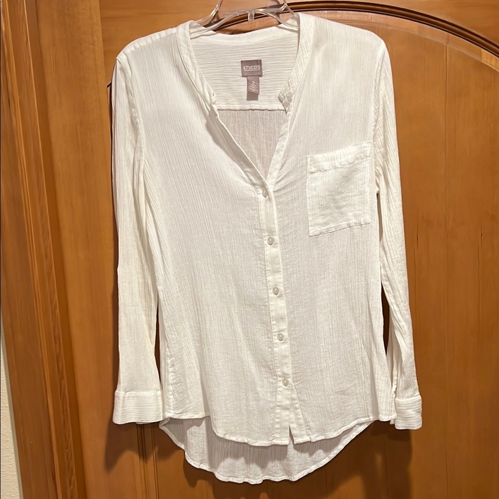 Chico's White Long Sleeve Button Down Shirt with Mandarin Collar
